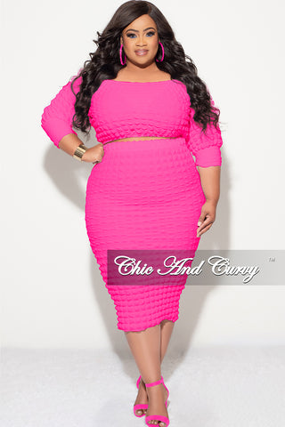 Final Sale Plus Size Bubble Texture 2pc Set Off the Shoulder Crop Top and High Waist Skirt in Fuchsia