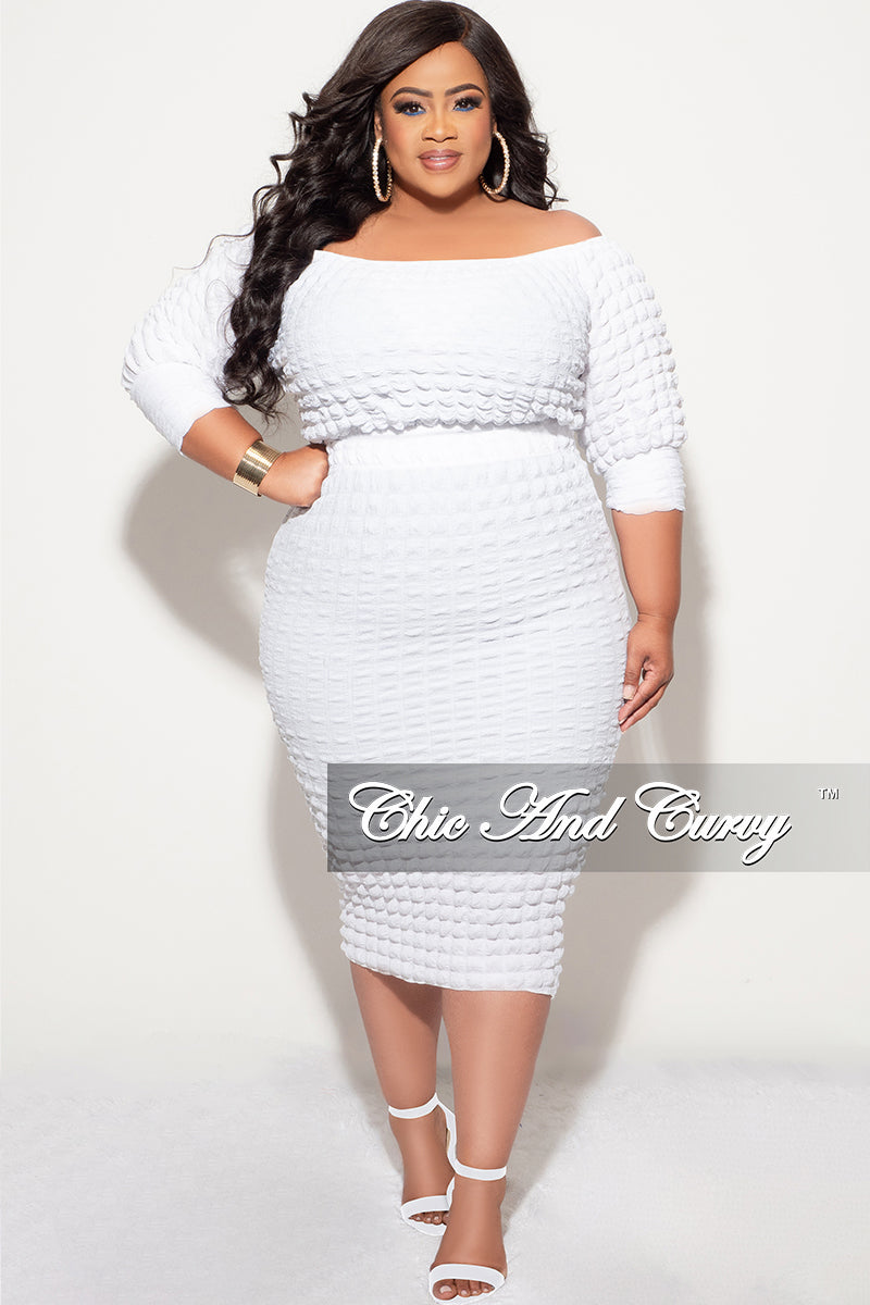 Final Sale Plus Size Bubble Texture 2pc Set Off the Shoulder Crop Top and High Waist Skirt in White