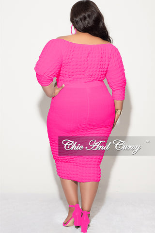 Final Sale Plus Size Bubble Texture 2pc Set Off the Shoulder Crop Top and High Waist Skirt in Fuchsia