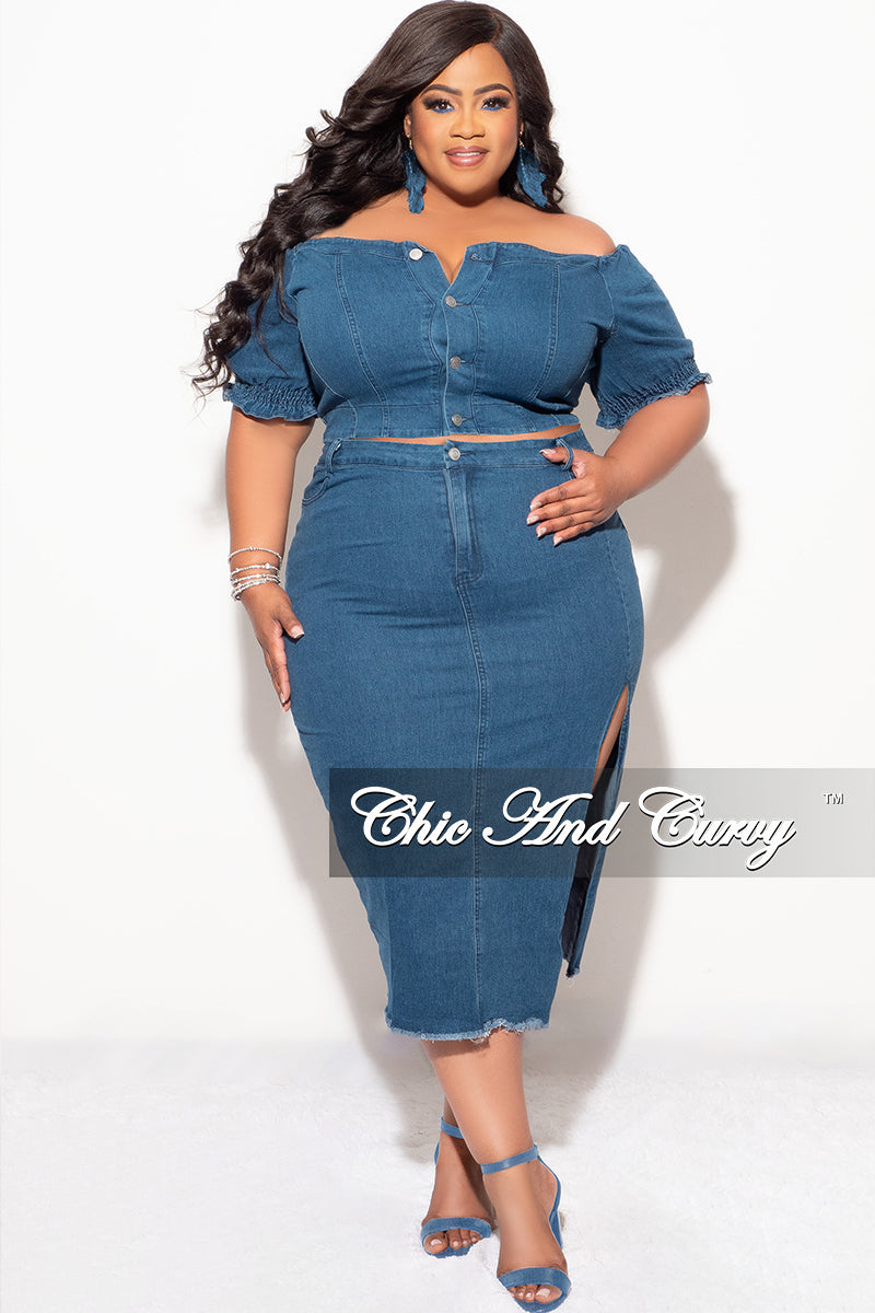 Final Sale Plus Size 2pc Off the Shoulder Button Up Crop Top and Skirt Set In Blue Denim
