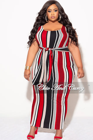 Final Sale Plus Size Sleeveless Maxi Dress with Waist Tie in Red Black and White Stripe Print