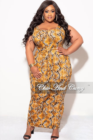 Final Sale Plus Size Sleeveless Maxi Dress with Waist Tie in Mustard and Black Snake Print