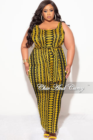 Final Sale Plus Size Sleeveless Maxi Dress with Waist Tie in Yellow and Black Design Print