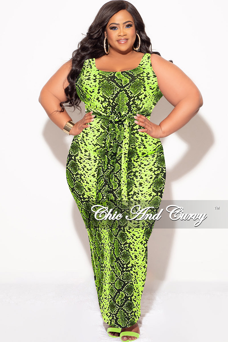 Final Sale Plus Size Sleeveless Maxi Dress with Waist Tie in Neon Green and Black Snake Print