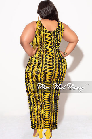 Final Sale Plus Size Sleeveless Maxi Dress with Waist Tie in Yellow and Black Design Print