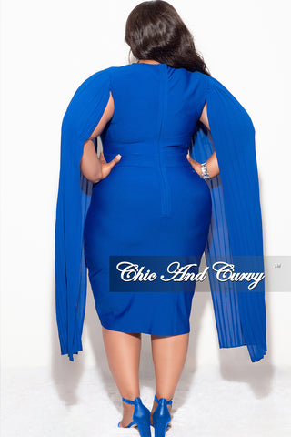 Final Sale Plus Size Bandage Dress with Cape Sleeves and Attached Bling Belt in Royal Blue