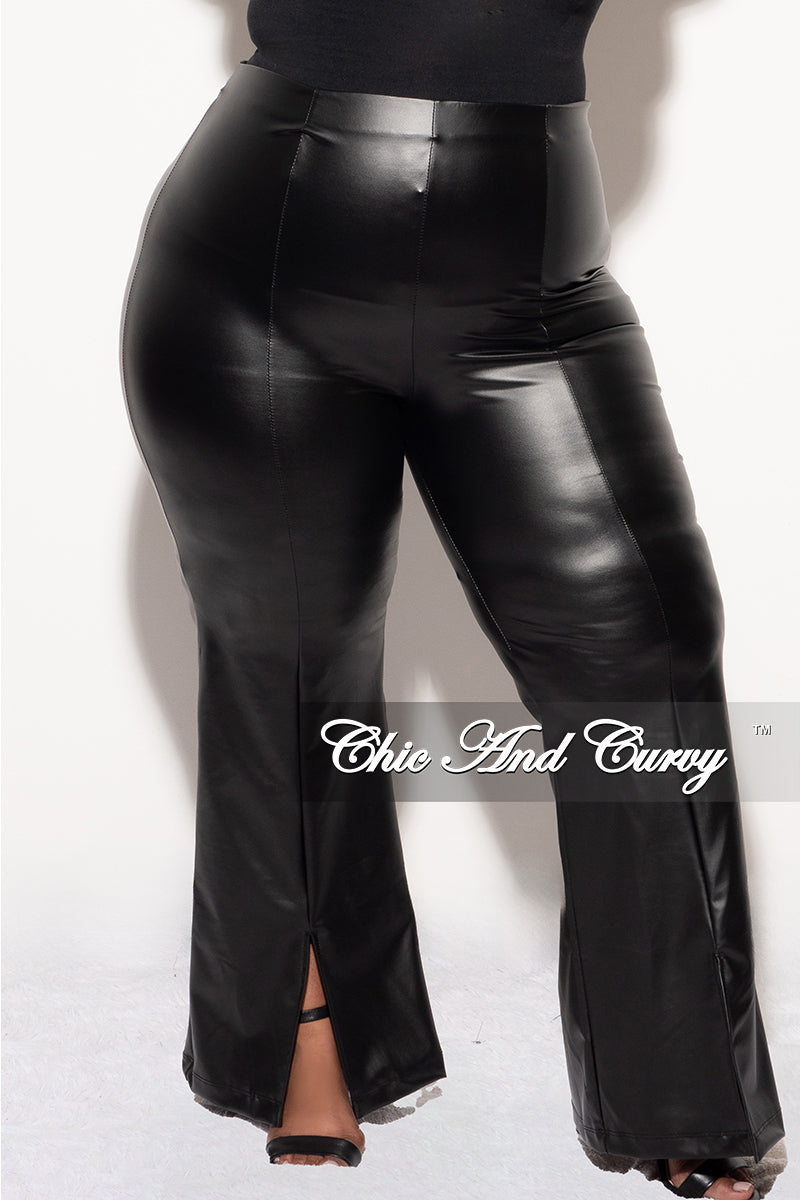Final Sale Faux Leather Wide Pants Front Slit in Black