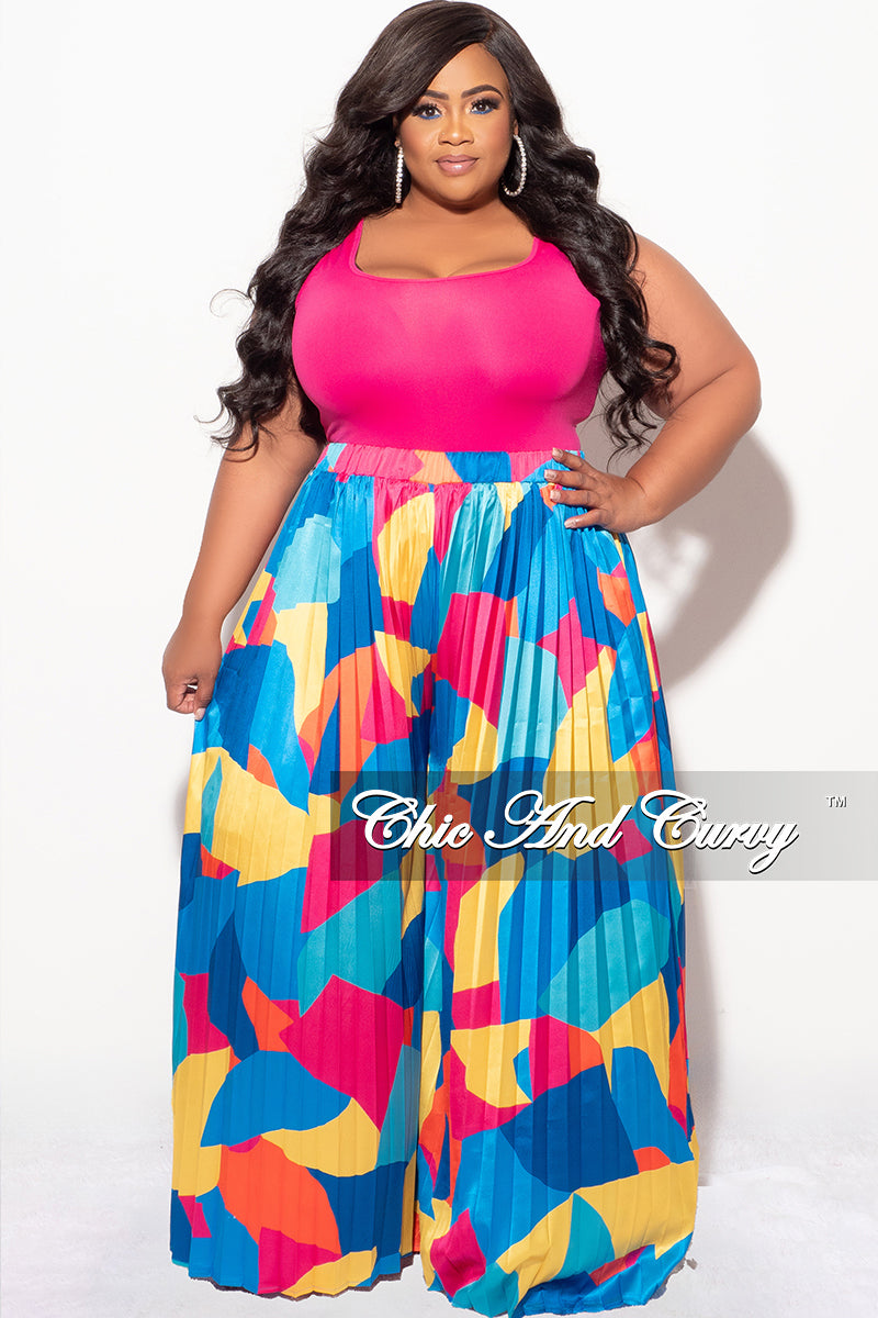 Final Sale Plus Size Satin Palazzo Pleated Pants in Royal Blue Multi Color Design Print
