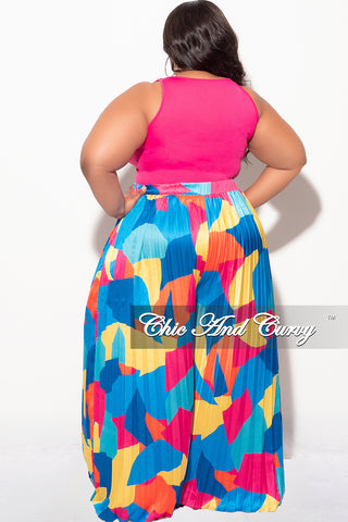 Final Sale Plus Size Satin Palazzo Pleated Pants in Royal Blue Multi Color Design Print