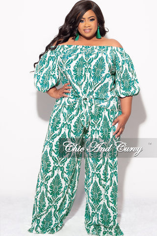 Final Sale Plus Size Off the Shoulder Pleated Tie Top and Palazzo Pants Set in Green and White