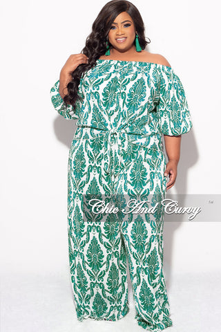 Final Sale Plus Size Off the Shoulder Pleated Tie Top and Palazzo Pants Set in Green and White