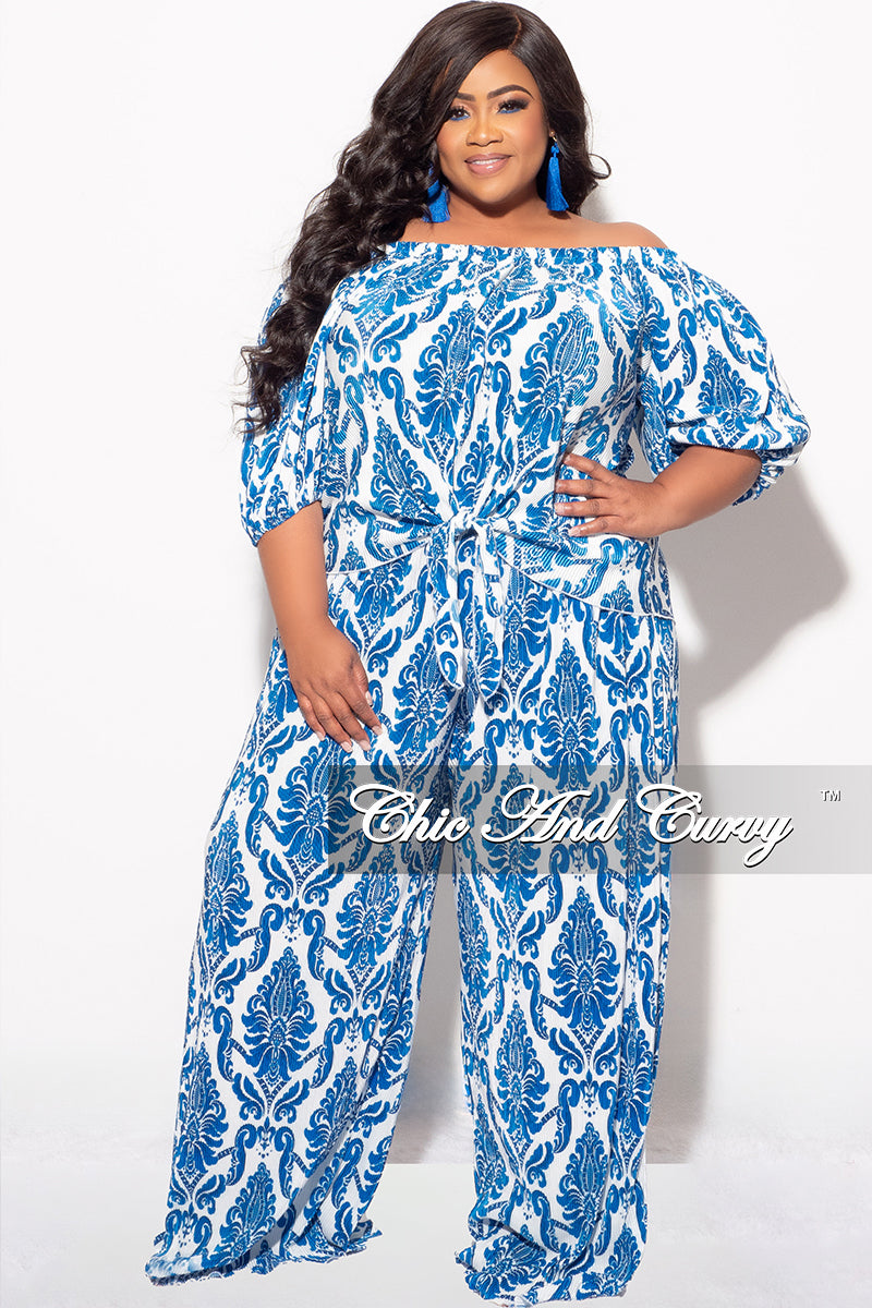 Final Sale Plus Size Off the Shoulder Pleated Tie Top and Palazzo Pants Set in Royal Blue and White