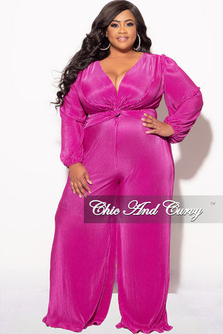 Final Sale Plus Size V-Neck Pleated Jumpsuit in Magenta