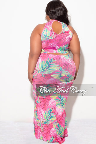 Final Sale Plus Size Halter Neck Sleeveless Mermaid Dress in Pink and Green Leaf Print