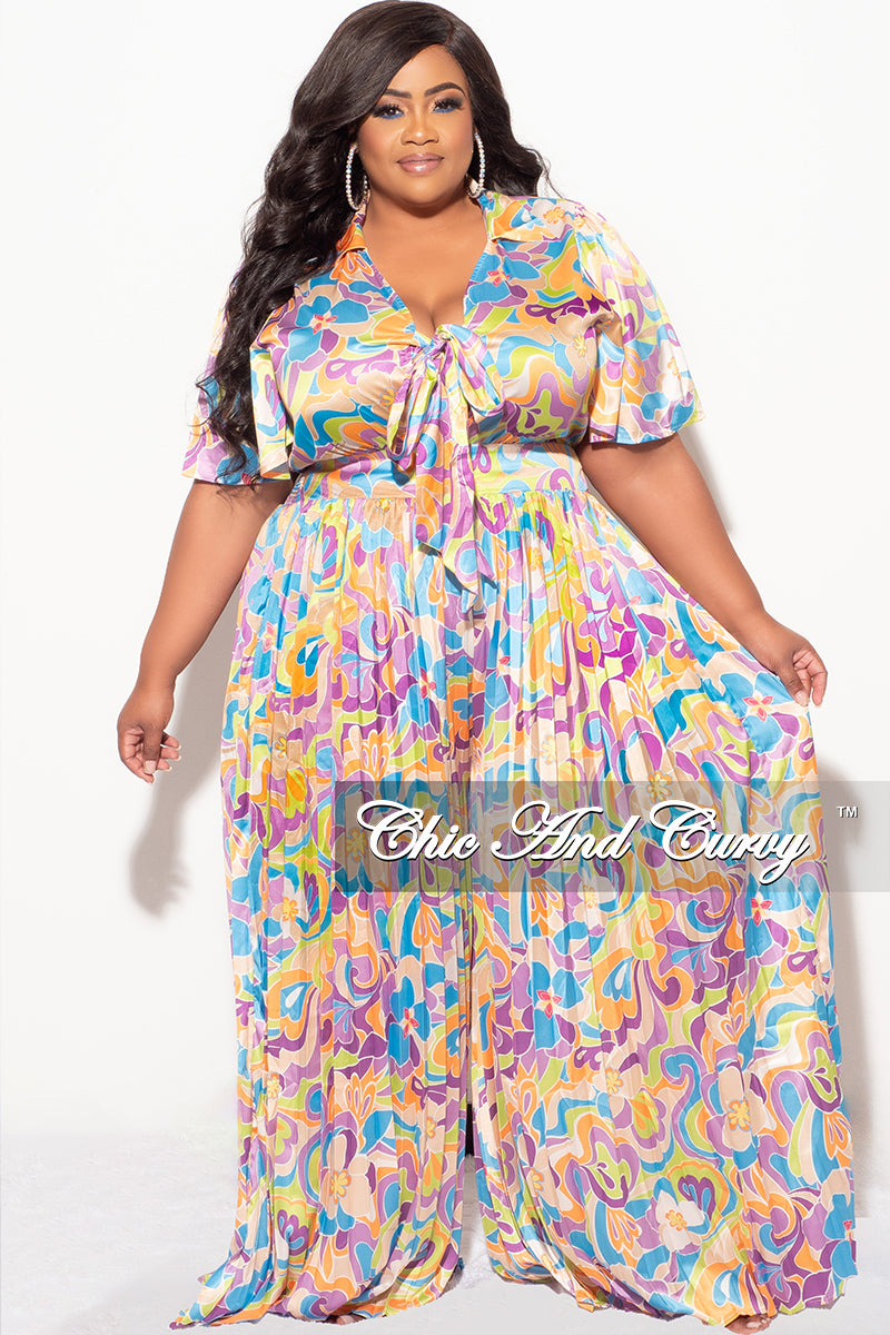 Final Sale Plus Size 2pc Satin Collar Tie Crop Top and Palazzo Pleated Pants in Purple Multi Color Design Print