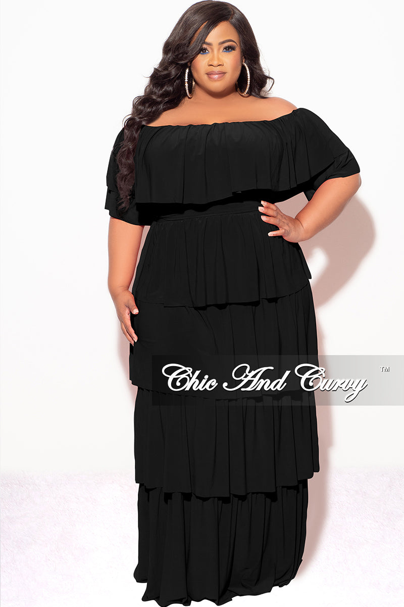 Final Sale Plus Size 2pc Ruffle Tiered Off the Shoulder Crop Top Maxi Skirt Set in Black
