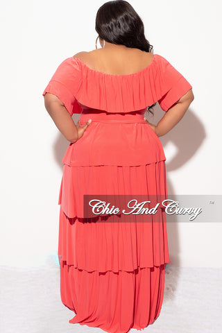 Final Sale Plus Size 2pc Ruffle Tiered Off the Shoulder Crop Top Maxi Skirt Set in Coral