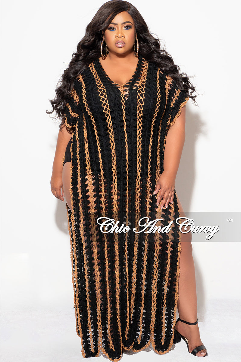 Final Sale Plus Size Crochet Cover Up in Black & Tan – Chic And Curvy Final Sale Plus Size Crochet Cover Up in Black & Tan – Chic And Curvy