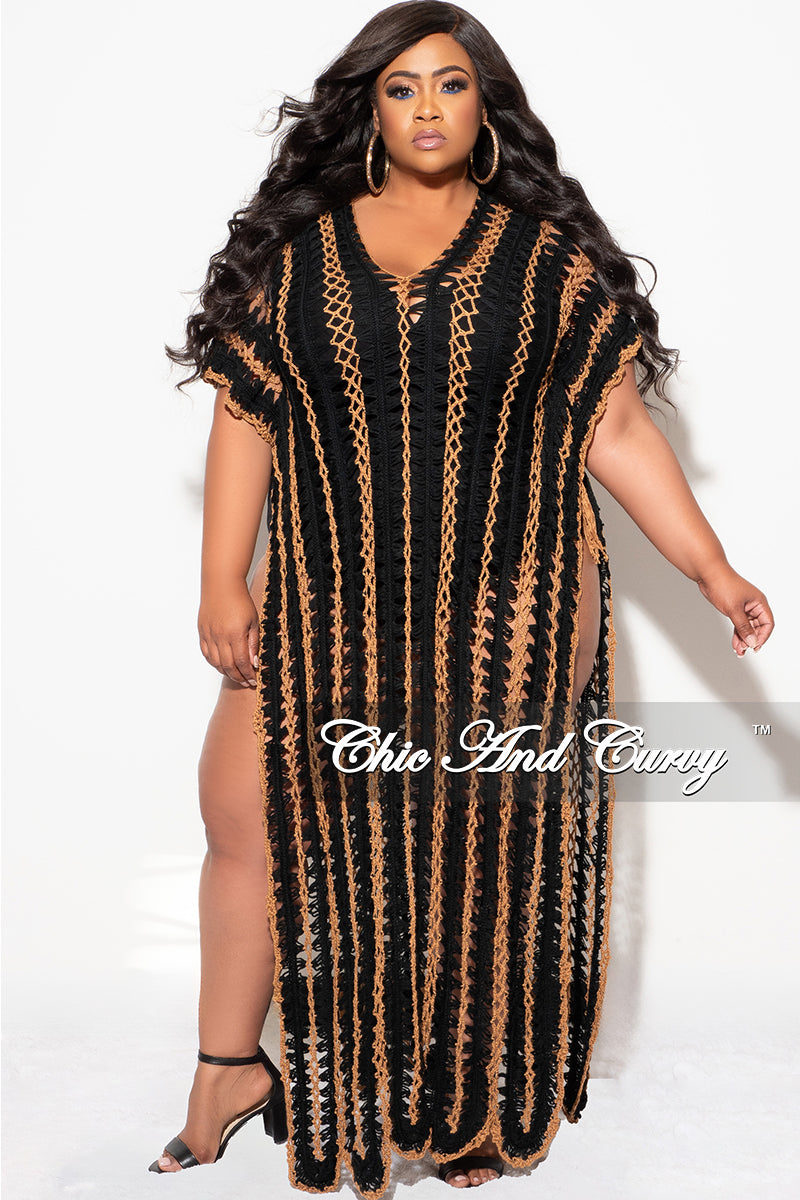 Final Sale Plus Size Crochet Cover Up in Black & Tan
