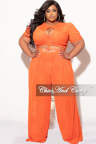 Final Sale Plus Size Mesh 3pc Set Top, Bralette, & Pant with Briefs in Orange