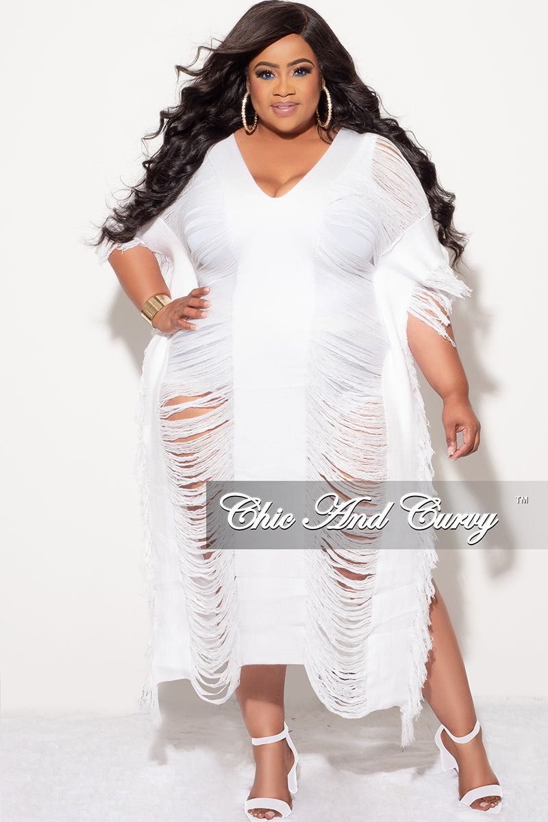 Final Sale Plus Size Distressed Sweater Midi Fringe Dress in White