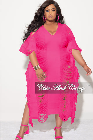 Final Sale Plus Size Distressed Sweater Midi Fringe Dress in Pink