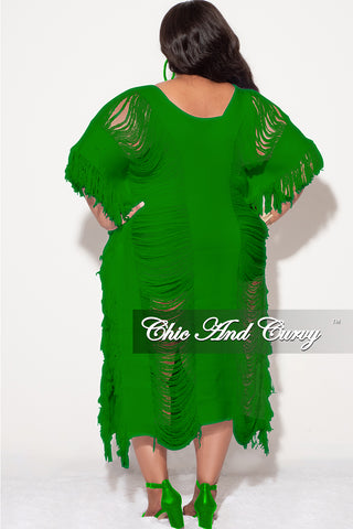Final Sale Plus Size Distressed Sweater Midi Fringe Dress in Green