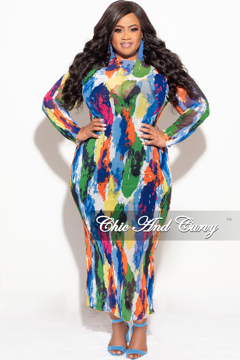 Final Sale Plus Size Reversible BodyCon Dress In Mesh with Multi-Color Paint Print
