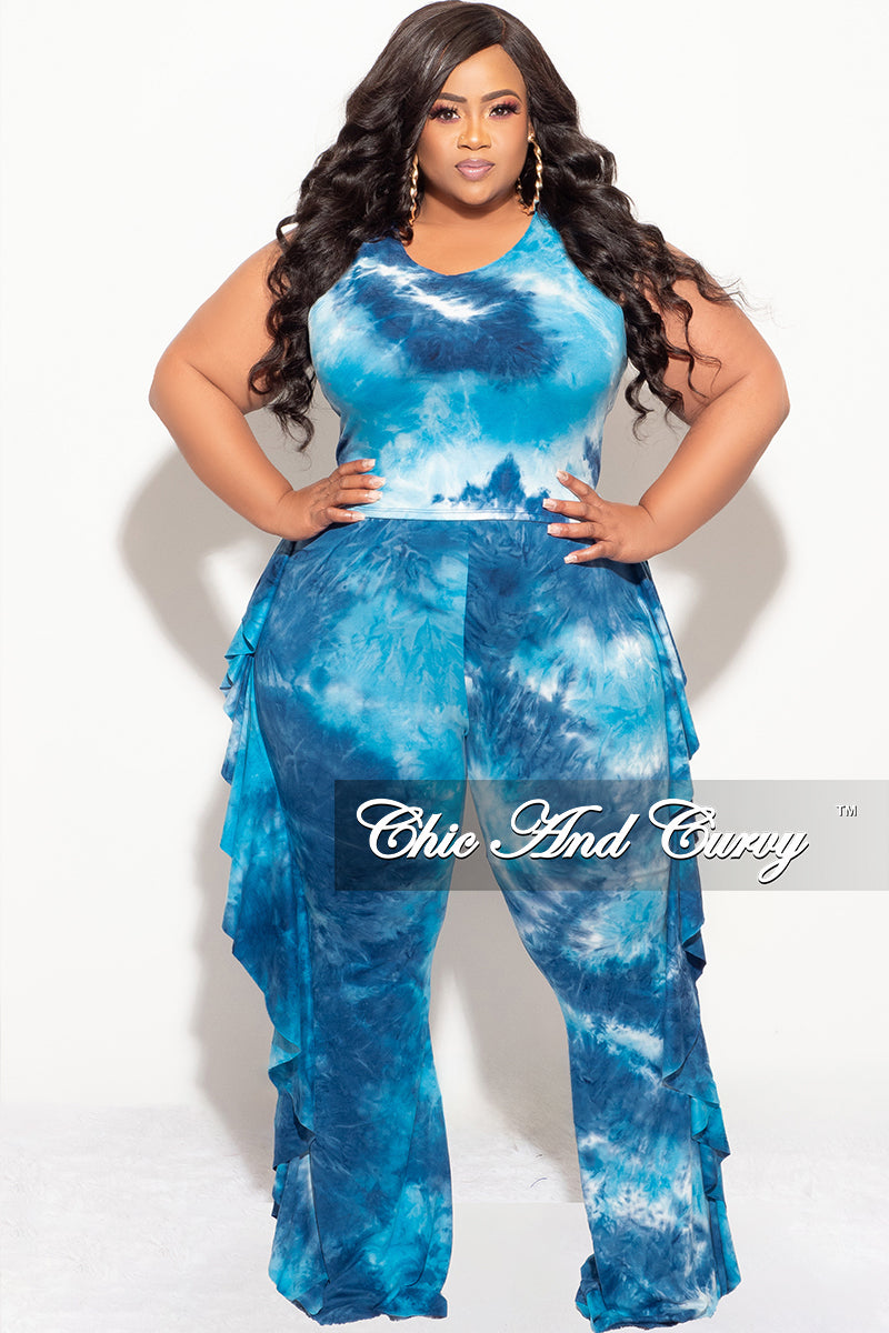 Final Sale Plus Size 2pc Sleeveless Crop Top and Ruffle Trim Pants in Blue Tie Dye Print