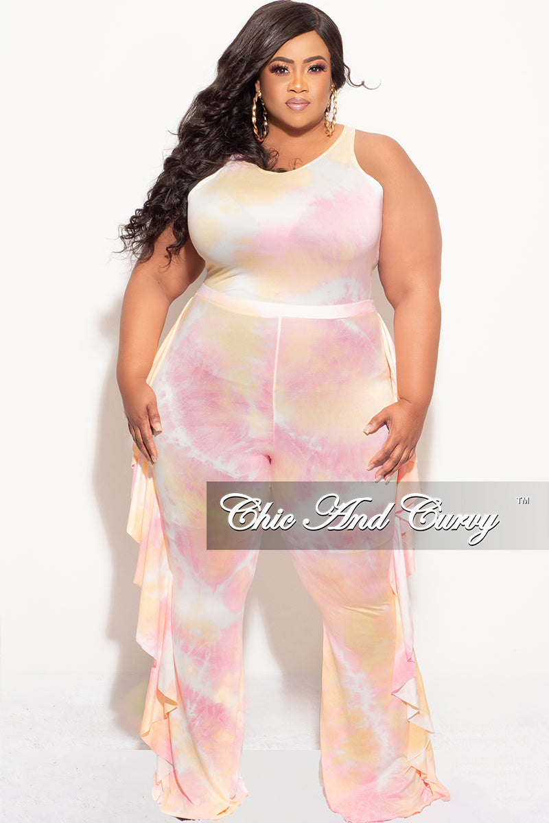 Final Sale Plus Size 2pc Sleeveless Crop Top and Ruffle Trim Pants in Pink and Yellow Tie Dye Print