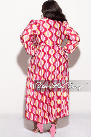 Final Sale Plus Size Neck Tie Pleated Dress in Multi Color Design Print