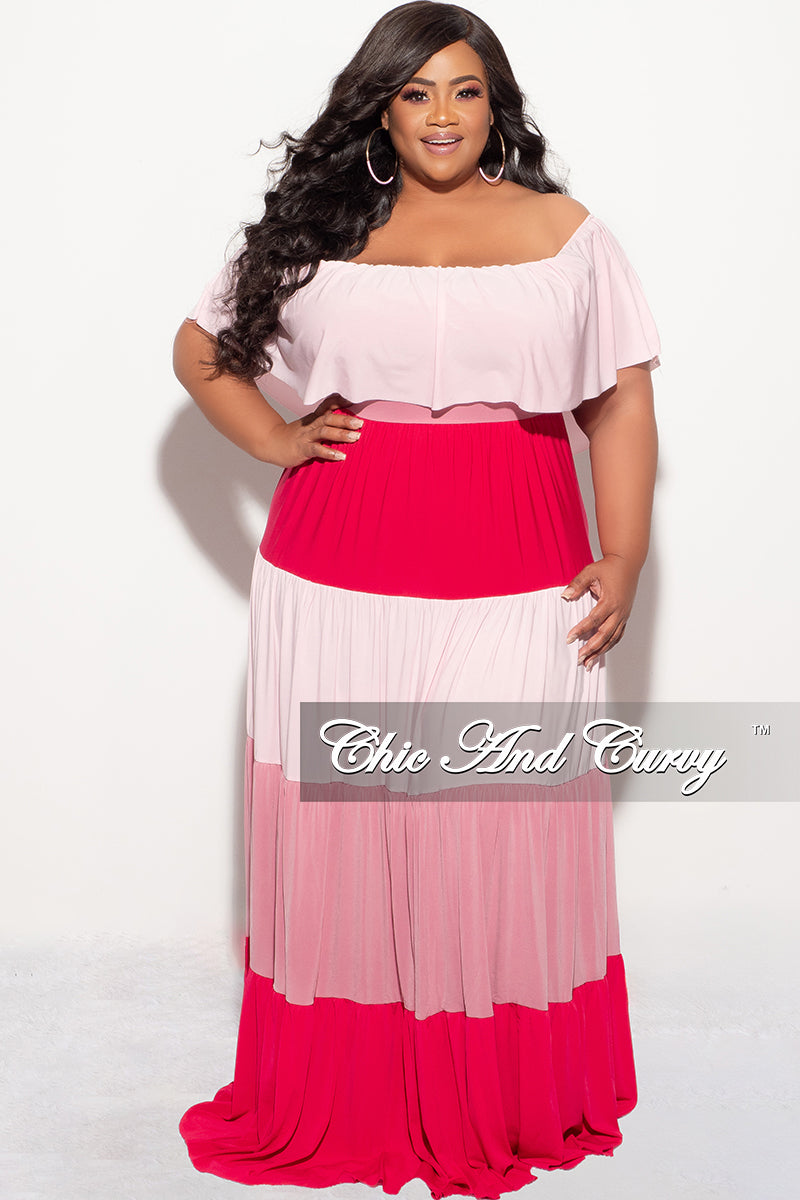 Final Sale Plus Size Off The Shoulder Tiered Maxi Dress in Pink and Red