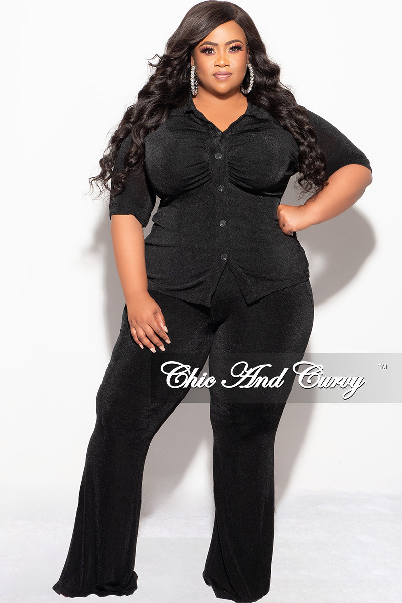 Final Sale Plus Size 2pc Slinky Button Up Collar Short Sleeve Top and Pants Set in Black
