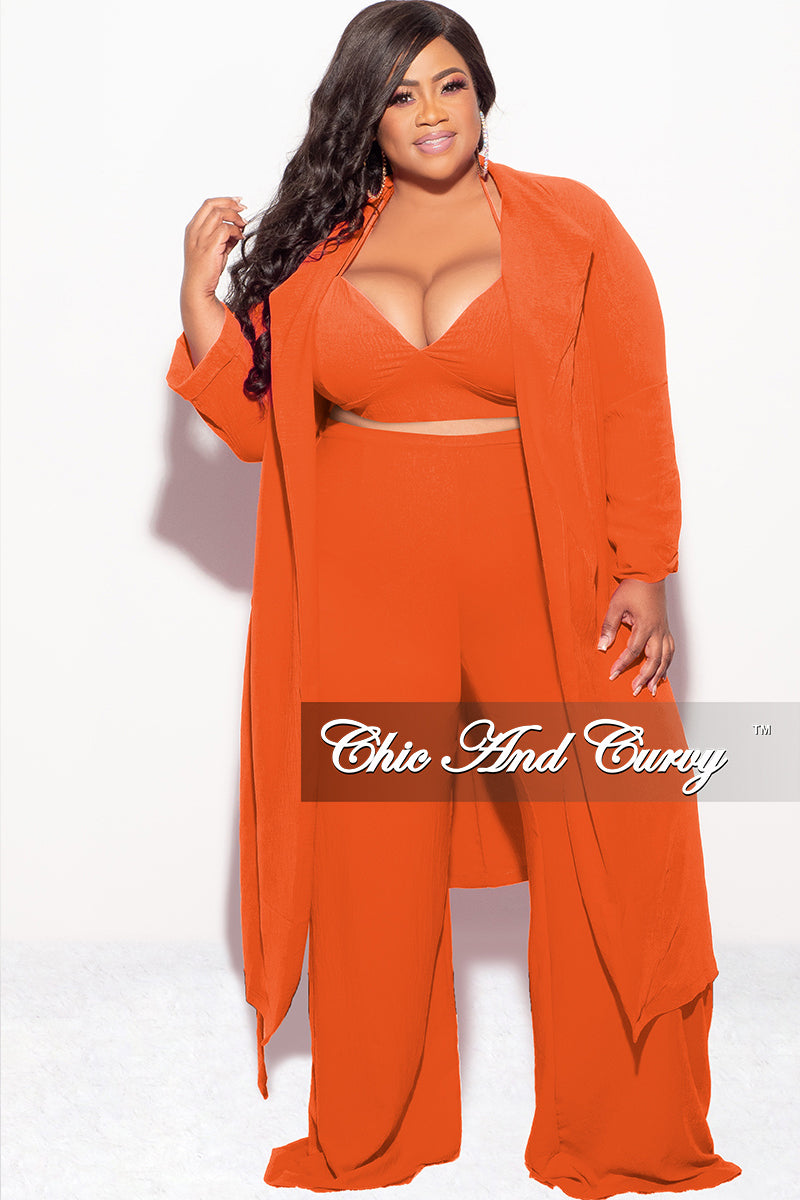 Final Sale Plus Size 3pc (Duster, Crop Self Tie Top & Pants) Set in Orange