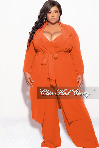 Final Sale Plus Size 3pc (Duster, Crop Self Tie Top & Pants) Set in Orange