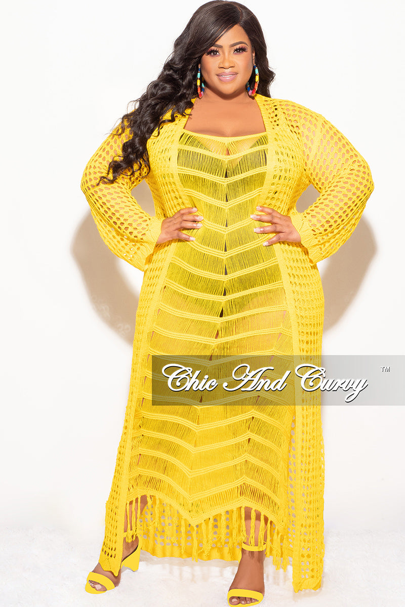 Final Sale Plus Size Crochet Cardigan with Tie in Yellow* Final Sale Plus Size Crochet Cardigan with Tie in Yellow*