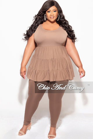 Final Sale Plus Size 2-Piece Sleeveless 3 Tiered Baby Doll Top and Leggings Set in Light/Dark Mocha Set