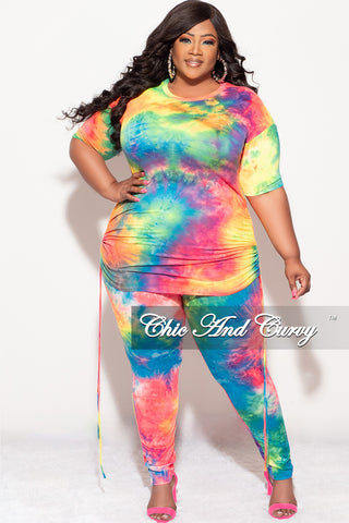 Final Sale Plus Size 2-Piece Set Side Ruching Top & Pants in Rainbow Tie Dye Print