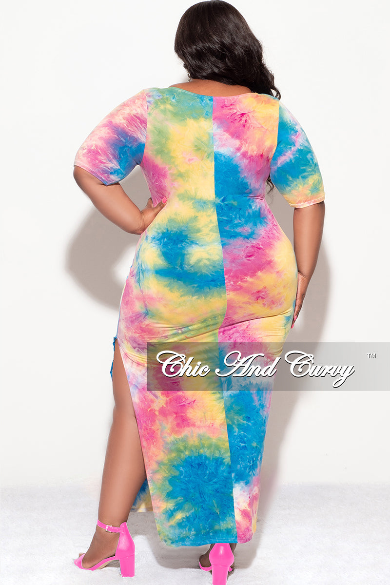 Final Sale Plus Size Bodycon Dress with Side Slit in Rainbow Cloud Tie Dye Print