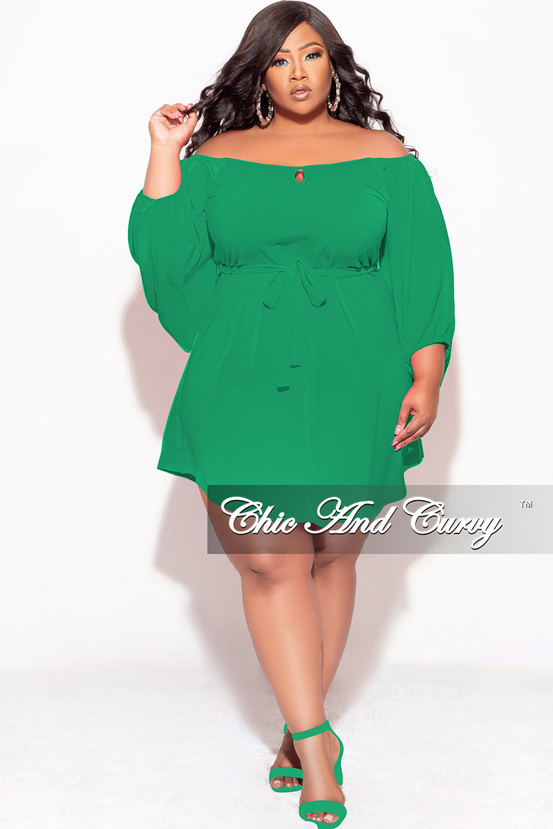 Final Sale Plus Size Off the Shoulder Front Keyhole Mini Dress with Tie in Green