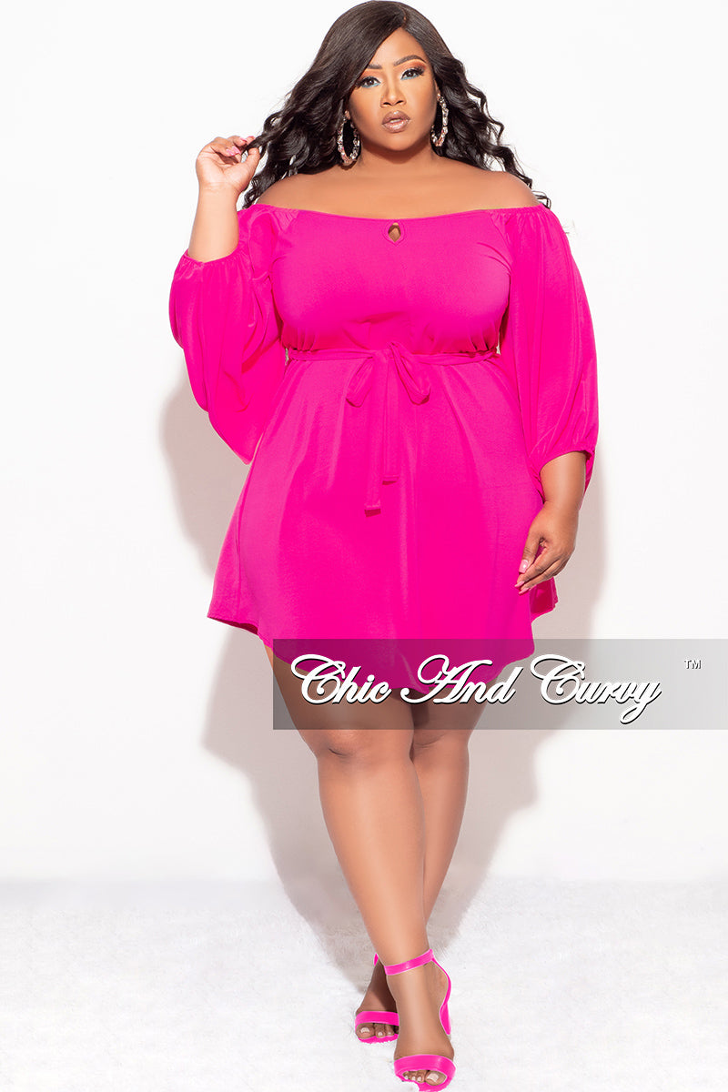 Final Sale Plus Size Off the Shoulder Front Keyhole Mini Dress with Tie in Fuchsia