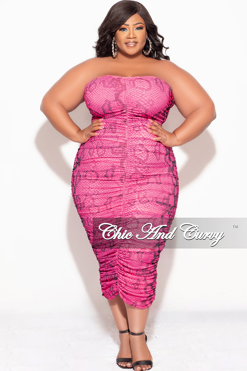 Final Sale Plus Size Strapless Ruched BodyCon Dress in Pink Snake Skin Print Final Sale Plus Size Strapless Ruched BodyCon Dress in Pink Snake Skin Print