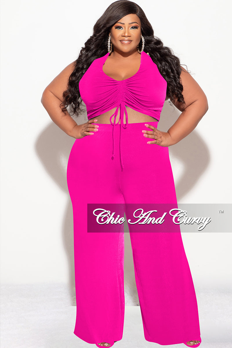 Final Sale Plus Size 2pc Set Crop Top and Pants in Fuchsia