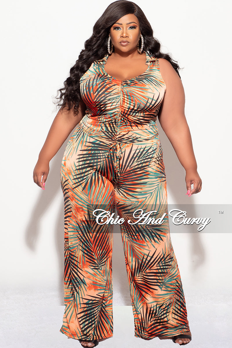 Final Sale Plus Size 2pc Set Crop Top and Pants in Orange Tropical Print