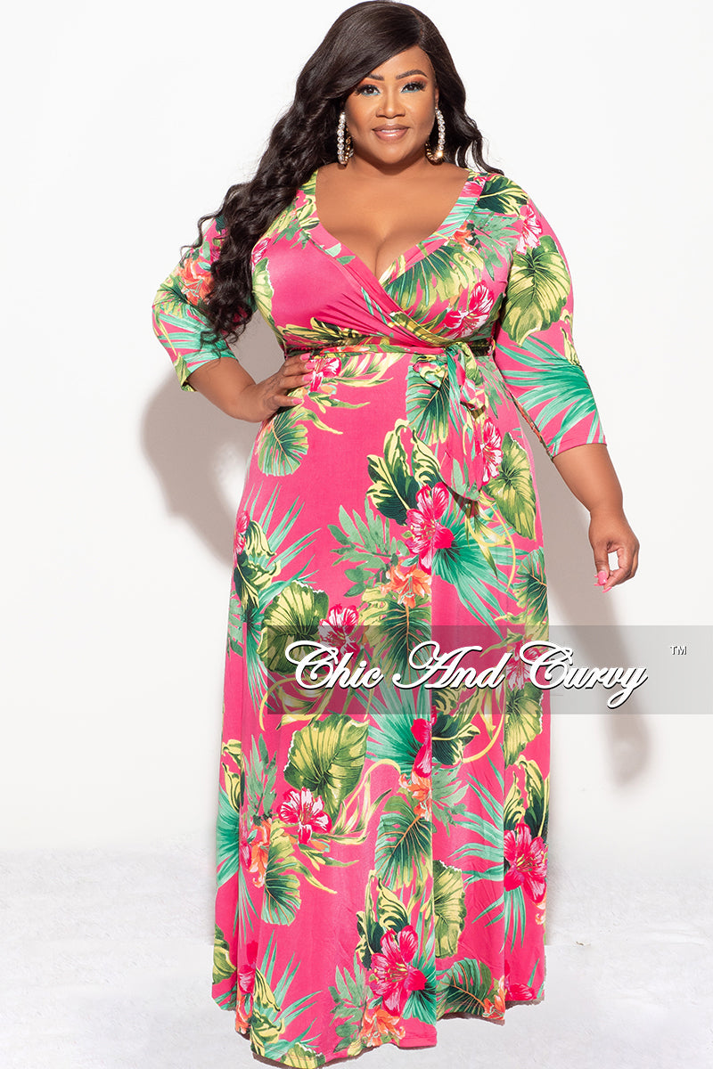 Final Sale Plus Size Faux Wrap Dress in Fuchsia Floral Print