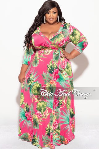 Final Sale Plus Size Faux Wrap Dress in Fuchsia Floral Print