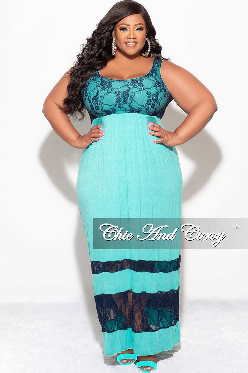 Final Sale Plus Size Maxi Dress with Lace Panels in Teal and Blue