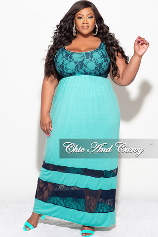 Final Sale Plus Size Maxi Dress with Lace Panels in Teal and Blue