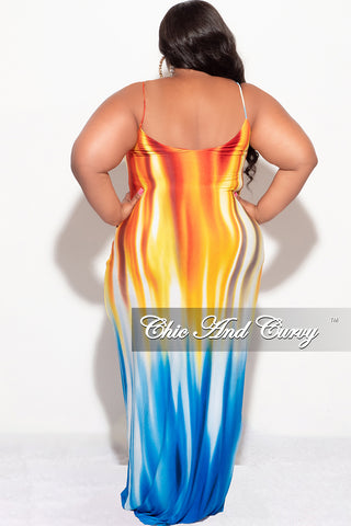 Final Sale Plus Size Tank Maxi Dress in Ivory, Blue & Orange Multi Color Print