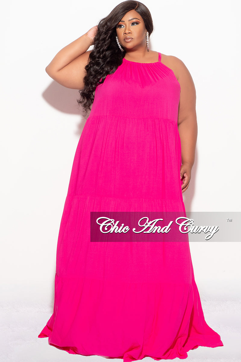 Final Sale Plus Size Long Halter Dress with Back Tie in Hot Pink